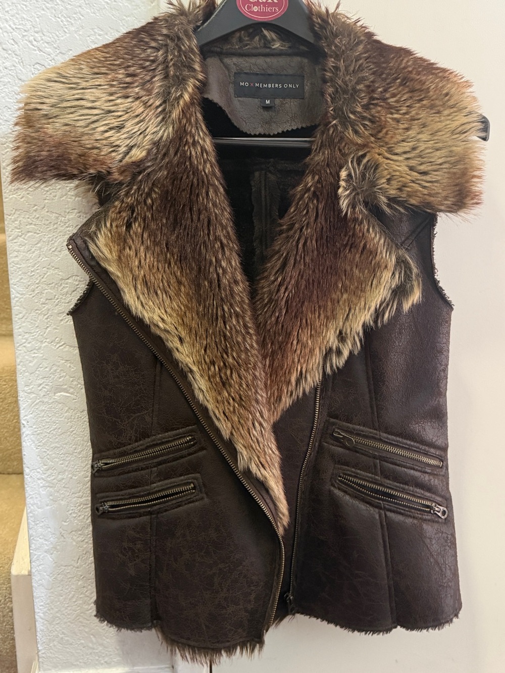 Members Only Brown Faux-Suede Vest with Faux-Fur Collar